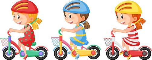 set di ragazza che guida la bicicletta che indossa il casco vettore
