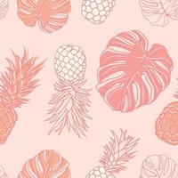 foglie floreali tropicali, foglie di palma, monstera, fondo senza cuciture di ananas. carta da regalo giungla esotica. bella stampa con piante esotiche disegnate a mano. design estivo per moda, stampa vettore