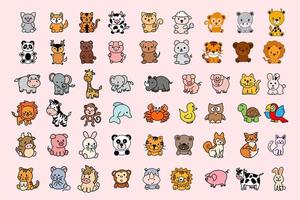 set mega raccolta bundle simpatico cartone animato animale doodle per bambini e bambini divertente animale selvatico vettore