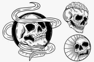 set scuro illustrazione ossa della testa del cranio disegnato a mano tratteggio stile contorno per tatuaggio merce t-shirt merchandising vintage vettore