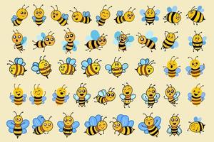 set mega raccolta bundle carino ape miele animale con diversa posa cartone animato clipart infantile piccola ape mascotte design piatto
