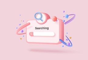 Barra di ricerca minima 3d o lente d'ingrandimento nella barra di ricerca vuota su sfondo rosa. elemento di design della barra di ricerca sul browser web. La lente d'ingrandimento 3d rende l'illustrazione dell'interfaccia utente su sfondo pastello
