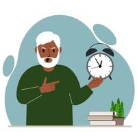 concetto moderno di illustrazione della gestione del tempo. un nonno urlante tiene in mano una sveglia e il secondo la indica. illustrazione piatta vettoriale