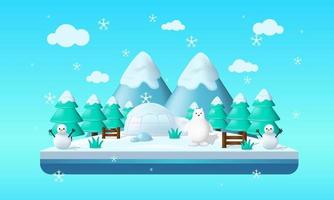 isola invernale galleggiante in illustrazione piatta con orso polare, pupazzo di neve e panorama di ghiaccio. illustrazione dell'isola di ghiaccio. sfondo vettoriale invernale adatto per copertina, illustrazione, banner, poster ecc.