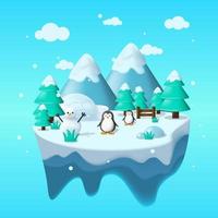 isola invernale galleggiante in illustrazione piatta con pinguino, pupazzo di neve e panorama di ghiaccio. illustrazione dell'isola di ghiaccio. sfondo vettoriale invernale adatto per copertina, illustrazione, banner, poster ecc.