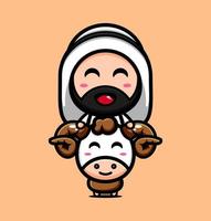 simpatico personaggio musulmano che gioca a tema con le sue pecore. cartone animato di carattere islamico vettore