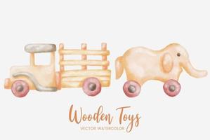 camion ed elefanti giocattoli di legno acquerello set collezione arte grafica illustrazione vettore