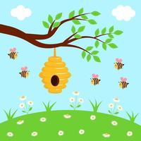 ramo di un albero con alveare e simpatiche api sul prato pieno di camomille. paesaggio estivo. vettore