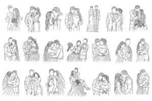 set di raccolta fascio di coppie matrimonio felice donne uomini moglie marito linea arte illustrazione vettore
