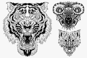 set illustrazione scuro bestia tigre pantera testa ossa tratteggio disegnato a mano stile contorno per tatuaggio merce t-shirt merchandising vintage vettore