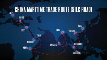 sfondo blu astratto della via della seta della rotta commerciale marittima cinese con mappa del mondo
