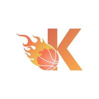 lettera k con palla da basket in fiamme illustrazione vettore