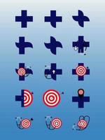 set di icone mediche di ospedale, salute, medico, clinica e cure mediche. illustrazione vettoriale. croce, bersaglio, fonendoscopio.