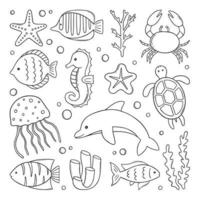 insieme disegnato a mano di pesci e animali marini selvatici doodle. vita marina. tartaruga, delfino, granchio, stelle marine, coralli e alghe in stile schizzo. illustrazione vettoriale isolato su sfondo bianco.