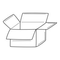 una scatola di cartone vuota aperta. consegna, regalo, disimballaggio. illustrazione vettoriale in bianco e nero disegnata a mano. Isolato su uno sfondo bianco.