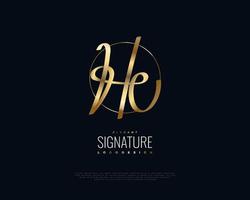 logo iniziale h e u in stile calligrafico dorato. logo o simbolo della firma hu per l'identità del marchio di matrimoni, moda, gioielli, boutique e aziende