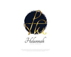 logo iniziale h e u in stile calligrafico dorato. logo o simbolo della firma hu per l'identità del marchio di matrimoni, moda, gioielli, boutique e aziende vettore
