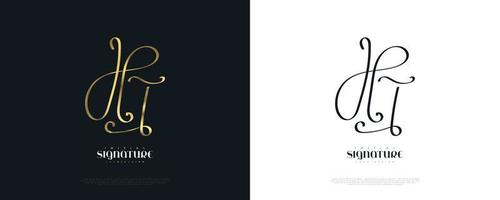 logo iniziale h e t con elegante stile di scrittura a mano in oro. logo o simbolo della firma ht per l'identità del marchio di matrimonio, moda, gioielli, boutique e business