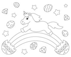 allegro unicorno di pasqua. pagina del libro da colorare per bambini. personaggio in stile cartone animato. illustrazione vettoriale isolato su sfondo bianco.
