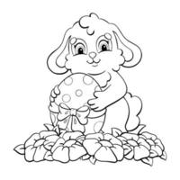 un simpatico coniglio tiene un uovo di Pasqua tra le zampe pagina da colorare per bambini. timbro digitale. personaggio in stile cartone animato. illustrazione vettoriale isolato su sfondo bianco.