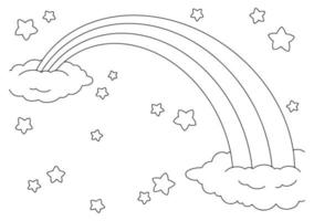 cielo da favola con arcobaleno, stelle e nuvole. pagina del libro da colorare per bambini. personaggio in stile cartone animato. illustrazione vettoriale isolato su sfondo bianco.