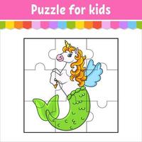 gioco di puzzle per bambini. carino sirena unicorno. pezzi di puzzle. foglio di lavoro a colori. pagina delle attività. illustrazione vettoriale isolata. stile cartone animato.