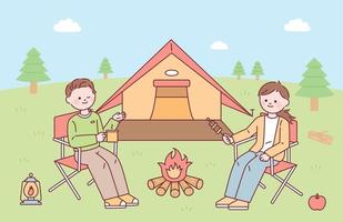 coppia in campeggio all'aperto con tenda e falò. illustrazione vettoriale in stile design piatto.