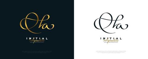 ha il design del logo della firma iniziale con uno stile di scrittura a mano dorato. iniziale h e un logo design per matrimoni, moda, gioielli, boutique e identità del marchio aziendale vettore