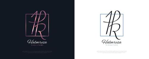 logo della firma iniziale hr con stile di scrittura a mano in sfumatura rosa. design del logo iniziale h e r per l'identità del marchio di matrimoni, moda, gioielli, boutique e business vettore