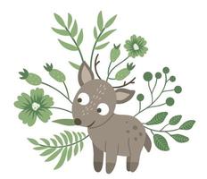 vettore di cervo piatto disegnato a mano con foglie, ramoscelli e fiori. scena divertente con animale del bosco. illustrazione animalesca della foresta carina per design, stampa, cancelleria per bambini