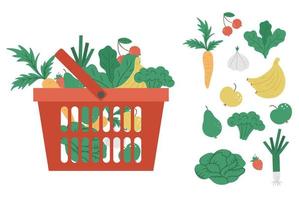 carrello della spesa rosso di vettore con l'icona dei prodotti isolata su priorità bassa bianca. carrello del negozio di plastica con verdure, frutta, bacche. illustrazione di cibo sano