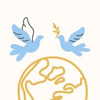 colomba volante e pianeta terra. illustrazione minimalista per la giornata internazionale della pace. vettore