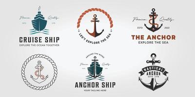 impostare l'icona del logo della nave di ancoraggio del fascio illustrazione vettoriale del design vintage, oceano grafico della vela nautica