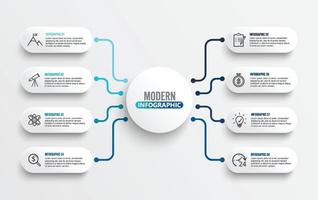 modello di infografica vettoriale con etichetta di carta 3d, cerchi integrati. concetto di affari con 8 opzioni. per contenuto, diagramma, diagramma di flusso, passaggi, parti, infografiche della sequenza temporale, flusso di lavoro, grafico.