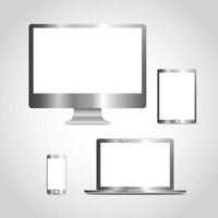 set di monitor per computer realistico, laptop, tablet e telefono cellulare con isolato su schermo trasparente. vari gadget elettronici moderni sullo sfondo. illustrazione vettoriale eps10