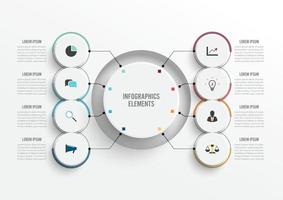 modello di infografica vettoriale con etichetta di carta 3d, cerchi integrati. concetto di affari con 8 opzioni. per contenuto, diagramma, diagramma di flusso, passaggi, parti, infografiche della sequenza temporale, flusso di lavoro, grafico.