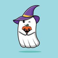 carino strega fantasma che tiene zucca halloween cartone animato icona vettore illustrazione. Halloween oggetto icona concetto isolato premium vettore.