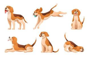 set di cane beagle cartone animato in varie pose vettore