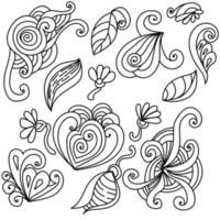 doodle illustrazione vettoriale, fiori, foglie ed elementi a spirale per il design vettore