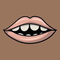 labbra rosa carine con denti bianchi su pelle scura, illustrazione vettoriale cartone animato su sfondo marrone