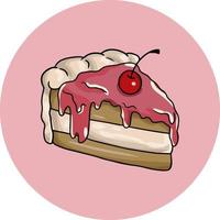 un pezzo di deliziosa torta con crema di frutta con ciliegie dolci, illustrazione vettoriale su sfondo rosa rotondo, icona, logo