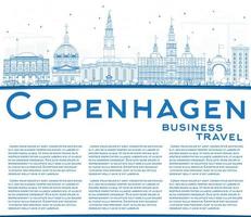 delinea lo skyline di Copenaghen con punti di riferimento blu e copia spazio. vettore