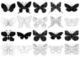 insieme delle farfalle dell'insetto della siluetta del profilo. disegno decorativo. vettore