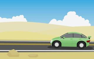 automobili in viaggio colore verde. guida su una strada asfaltata con ondulate colline desertiche. carta da parati di cielo azzurro e nuvole bianche. vettore