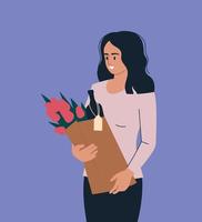 persone e shopping. donna con un sacchetto di generi alimentari e fiori. immagine vettoriale.