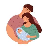 un papà che abbraccia una mamma che tiene in braccio il figlio appena nato. illustrazione vettoriale
