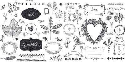 set vettoriale di decorazioni floreali, cornici di doodle disegnate a mano, divisori, bordi, elementi. isolato. romantica collezione vintage