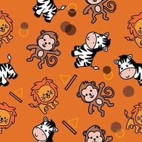 carino animale scimmia zebra e leone seamless pattern doodle per bambini e neonati vettore