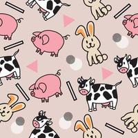 simpatico animale coniglio maiale e mucca senza cuciture modello doodle per bambini e neonati vettore