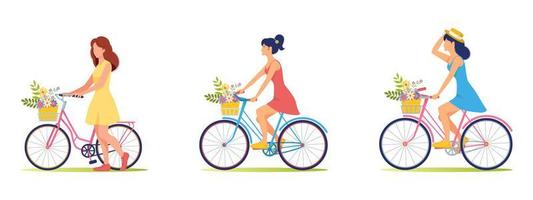 belle ragazze in abiti estivi, abiti vanno in bicicletta con un cesto di fiori. passeggiata estiva, viaggio. fiori, bicicletta, prendisole, cappello. la ragazza è ciclista vettore